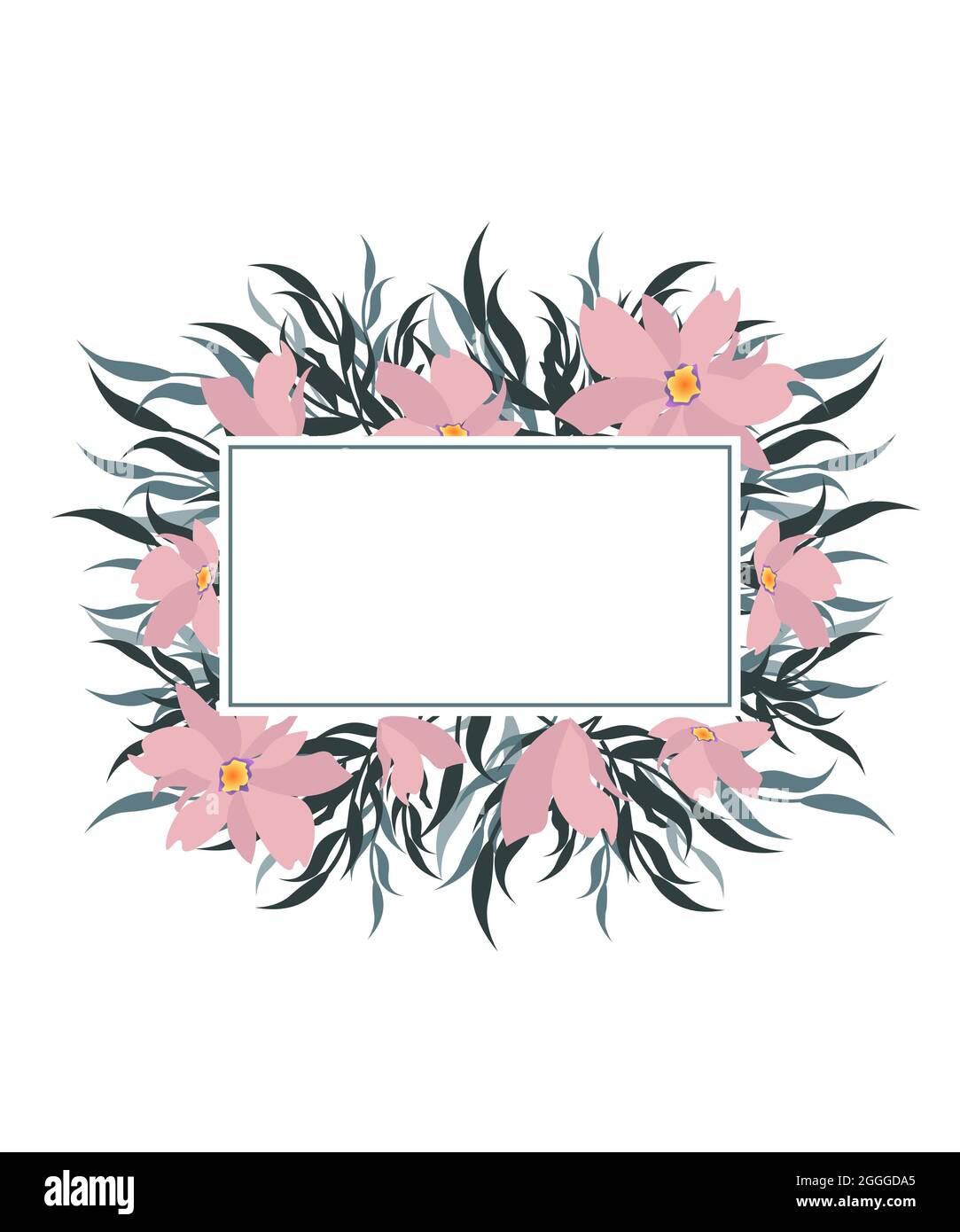 Cadre rectangulaire avec cadre fleuri. Modèle de carte avec fleurs roses  avec feuilles et place pour le texte Image Vectorielle Stock - Alamy