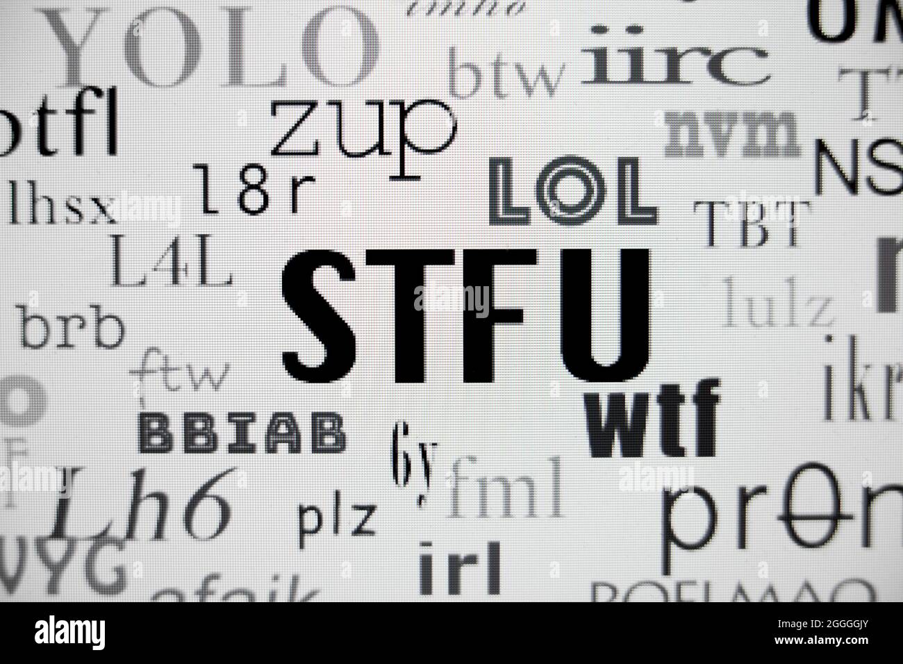 STFU et autres acronymes Internet couramment utilisés à l'écran (argot Internet, argot texte, acronyme texte) - USA Banque D'Images