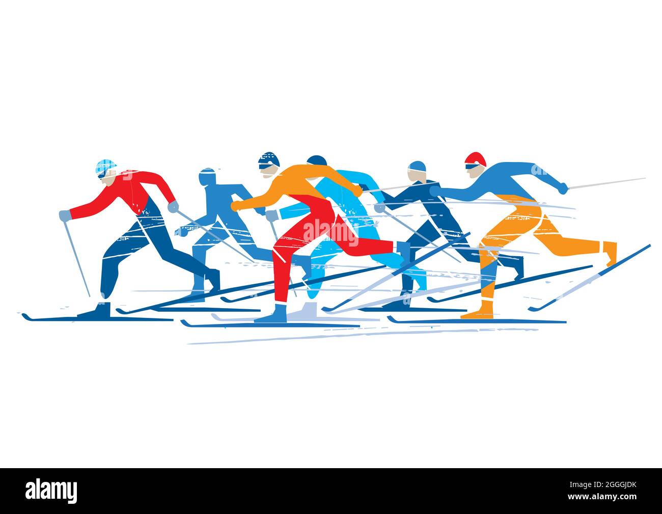 Compétition de ski de fond. Illustration expressive des concurrents du ski nordique. Vecteur disponible. Illustration de Vecteur