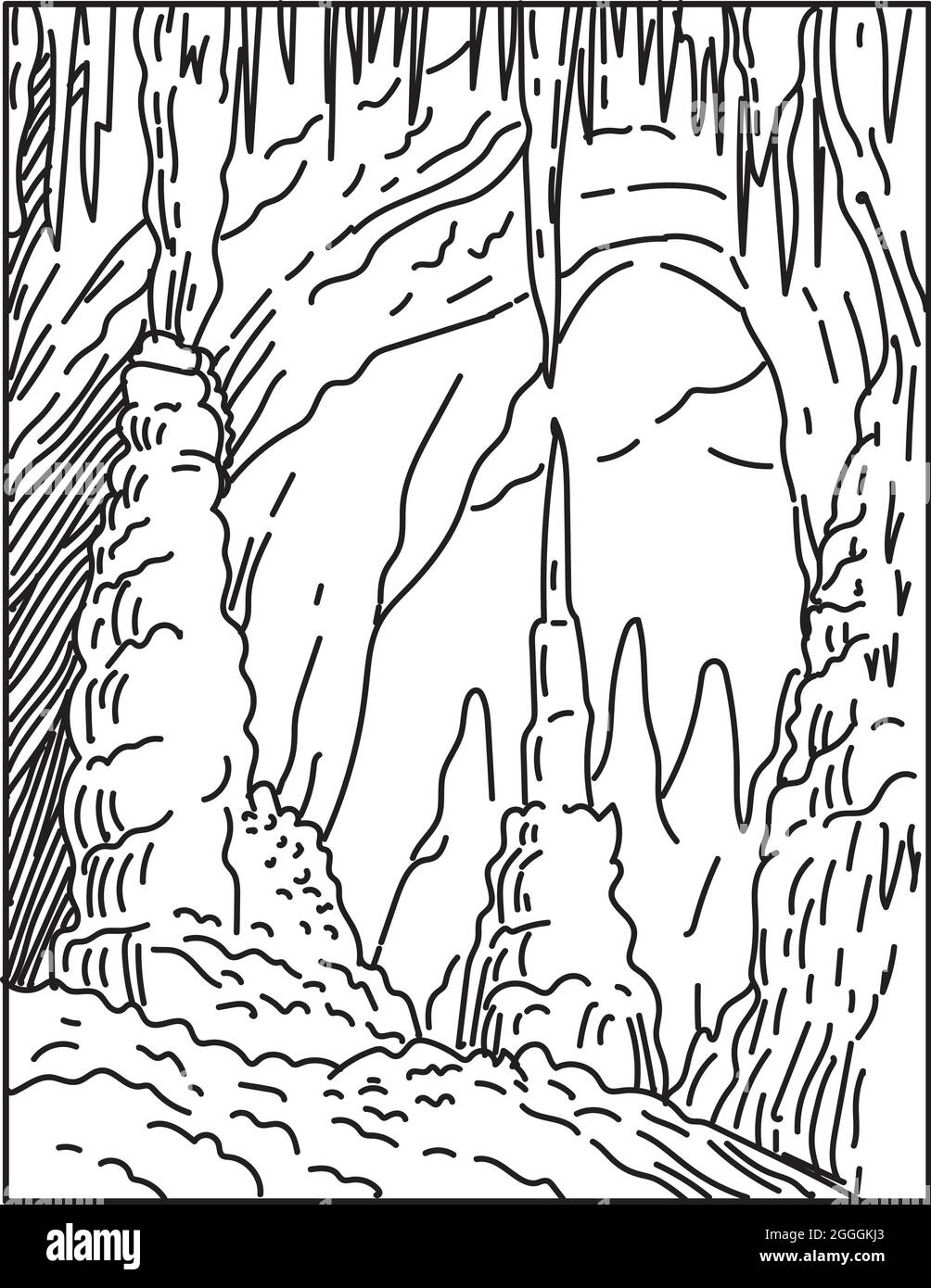 Illustration monoligne du parc national des grottes de Carlsbad dans le désert de Chihuahuan du sud du Nouveau-Mexique, États-Unis fait en monolin rétro noir et blanc Illustration de Vecteur