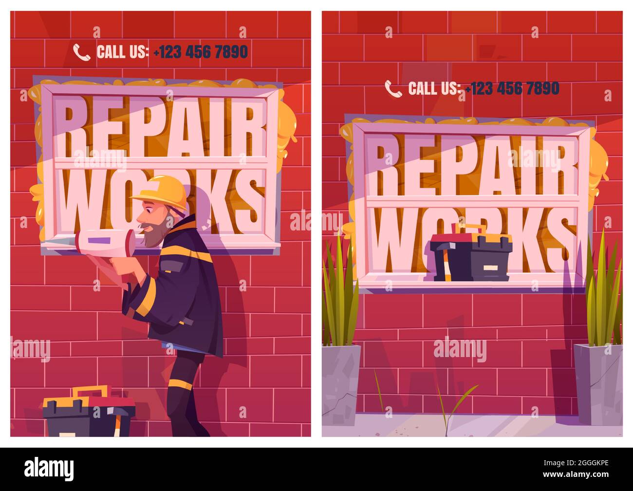 Affiches publicitaires de dessins animés de travaux de réparation. Constructeur avec boîte à outils remplissant les espaces de mur de brique avec un pistolet à mousse. Service d'entretien à domicile, ouvrier en uniforme faisant la rénovation de la maison, fenêtre de fixation, illustration vectorielle Illustration de Vecteur