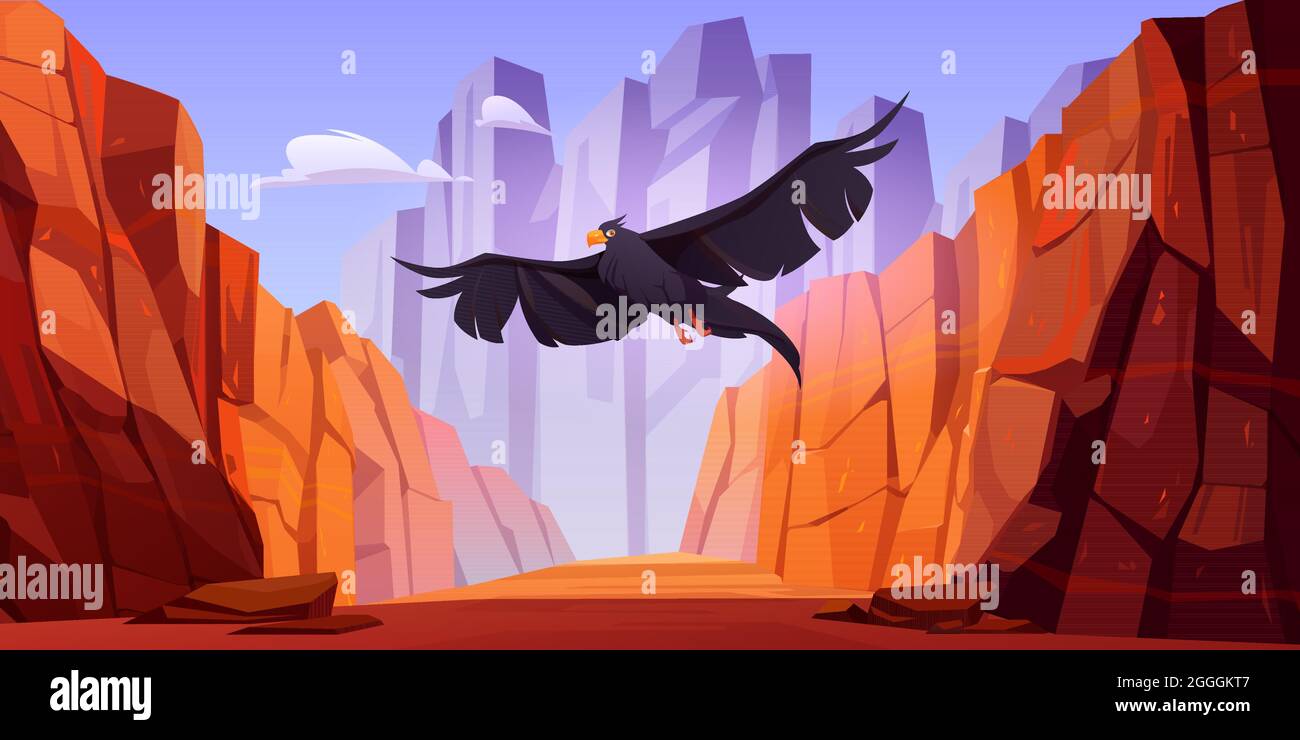 Crow survolez le canyon avec les montagnes rouges. Paysage de dessins animés vectoriels de gorges avec des falaises de pierre et des rochers et volant corbeau, oiseau sauvage avec ailes noires et bec orange Illustration de Vecteur