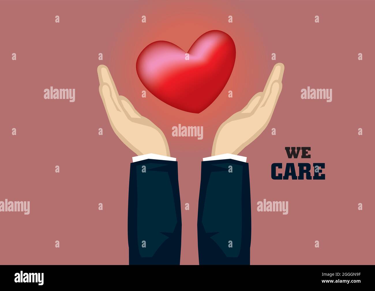 Les mains dans un costume d'affaires portant le symbole de coeur rouge avec le texte « We Care ». Illustration de dessin animé vectoriel pour le concept de responsabilité sociale d'entreprise. Illustration de Vecteur