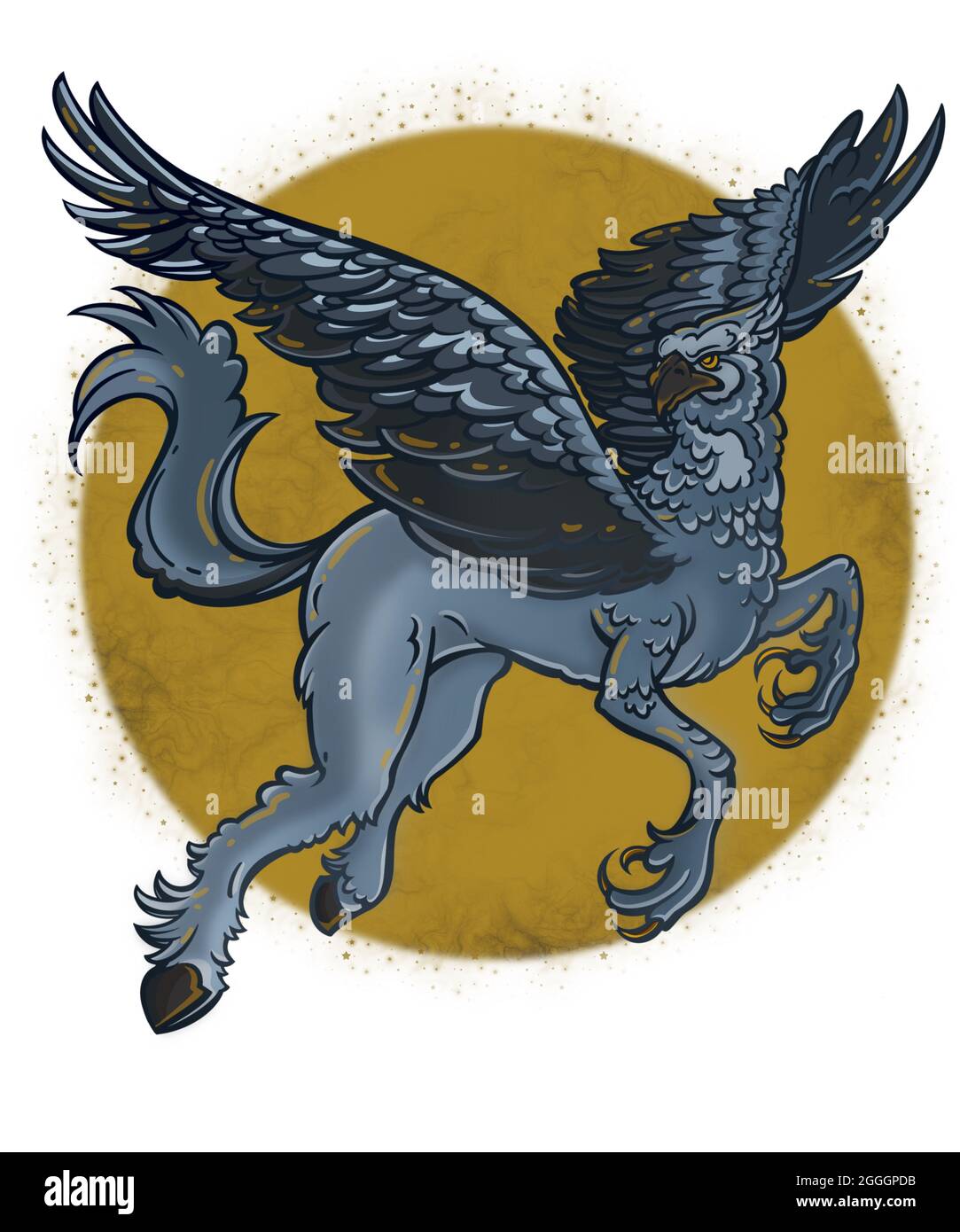 Fairy belle créature hippogriff la nuit près de l'énorme lune d'or. Banque D'Images