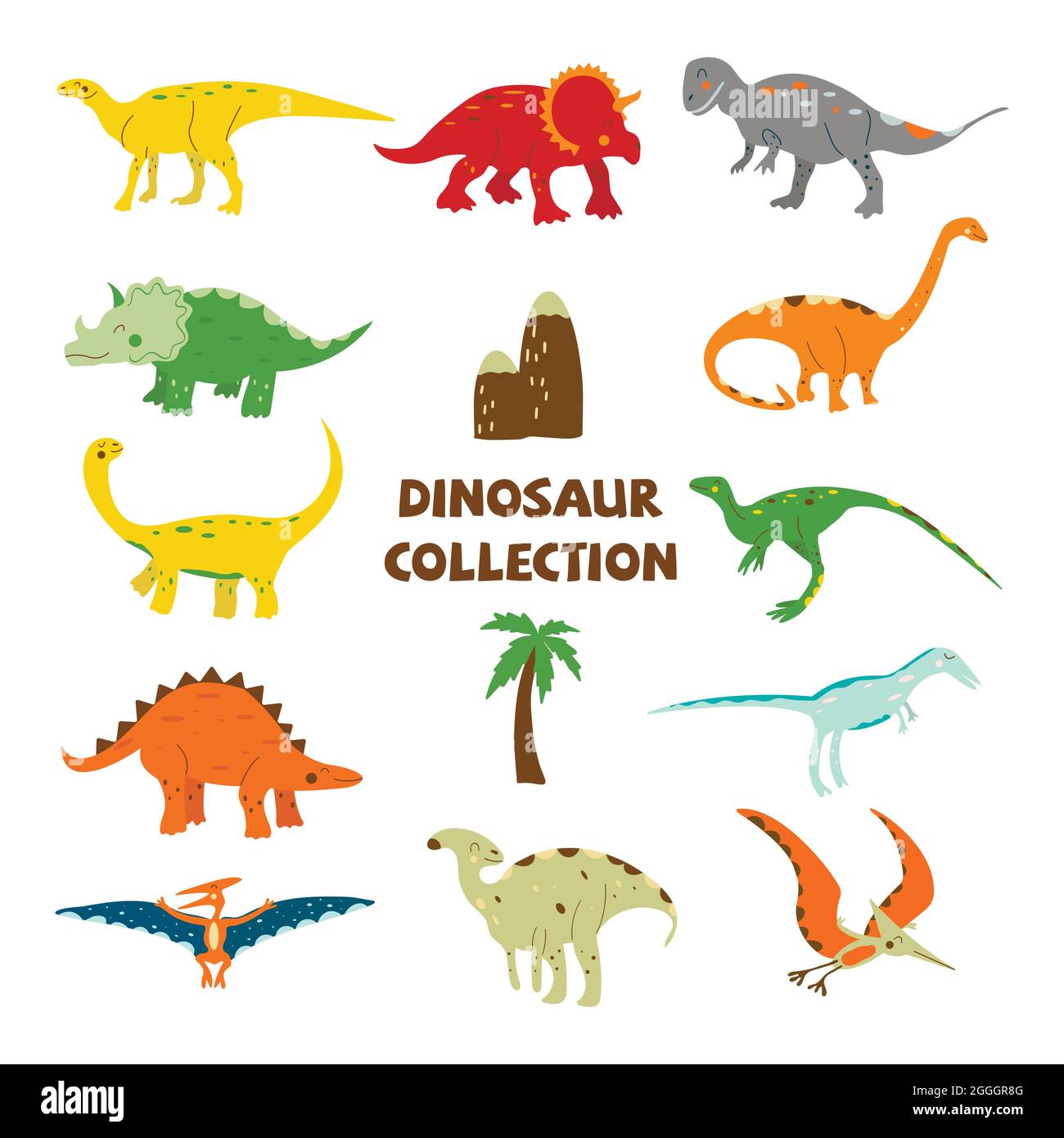 Collection de dinosaures. Parasaurolophus et galimimus, ptérosaure et triceratops, stegosaurus et hadrosaurus, tyrannosaurus et velociraptor, diplodoc Illustration de Vecteur
