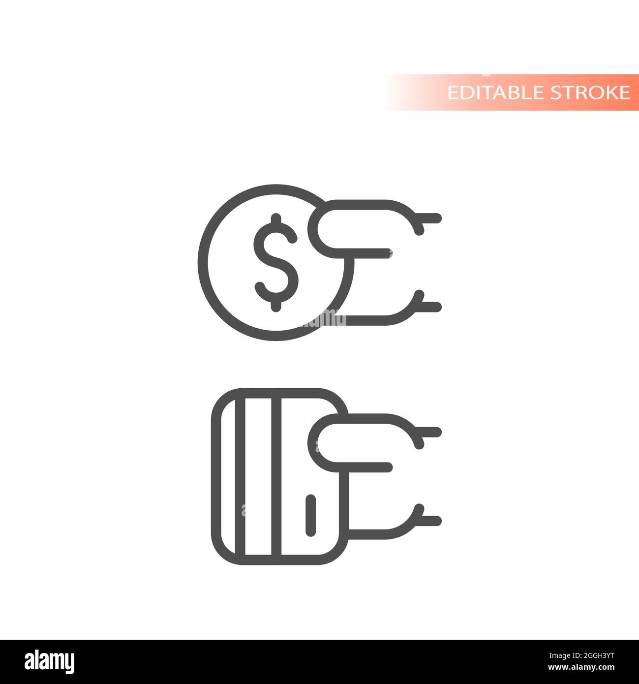 Icône de vecteur de ligne de paiement par carte de crédit et espèces. Main tenant une pièce de monnaie et une carte, symbole d'argent. Illustration de Vecteur