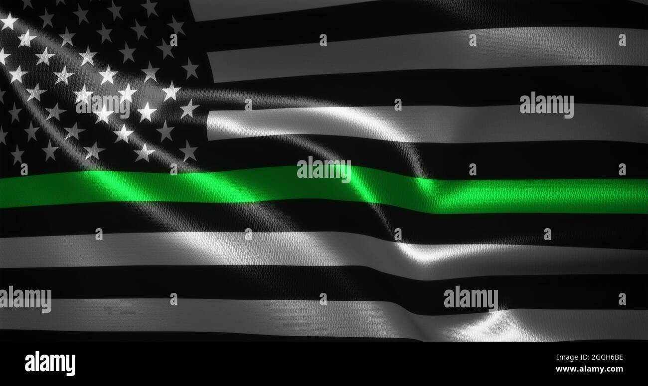 Drapeau de ligne verte mince, drapeau des États-Unis d'Amérique avec plis ondulés, vue rapprochée, rendu 3D Banque D'Images