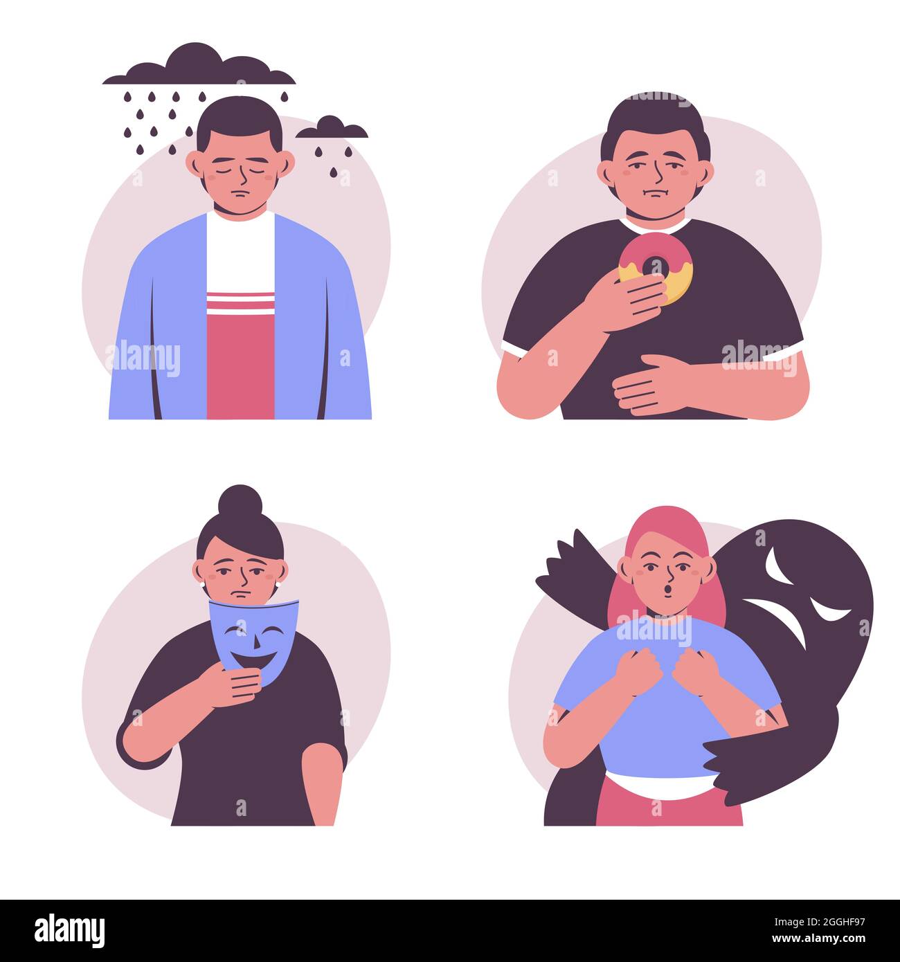 Jeu de personnes plates avec des problèmes de santé mentale Illustration vectorielle. Illustration de Vecteur