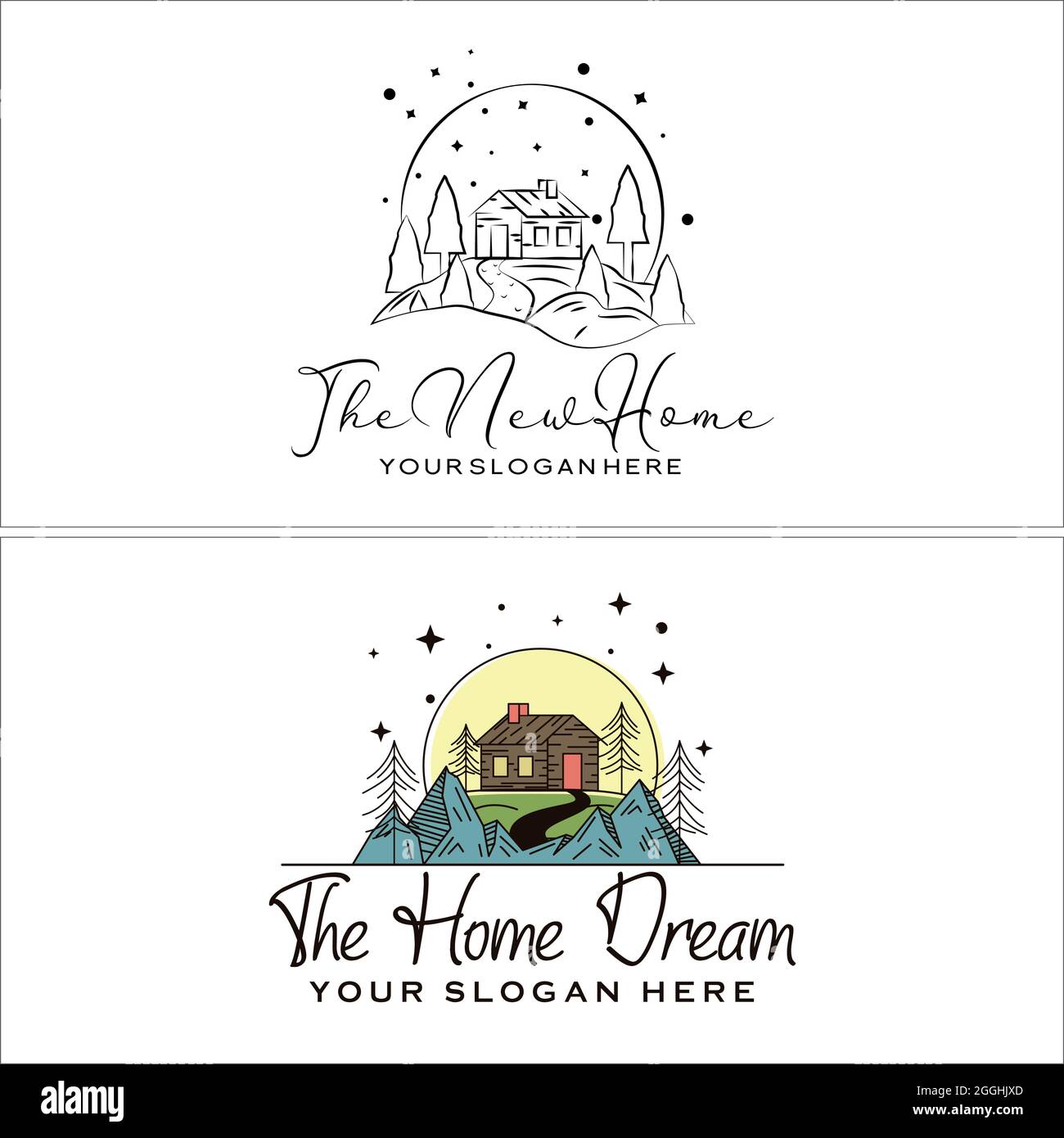 Chalet villa maison esquisse montagne maison séjour aventure logo design Illustration de Vecteur