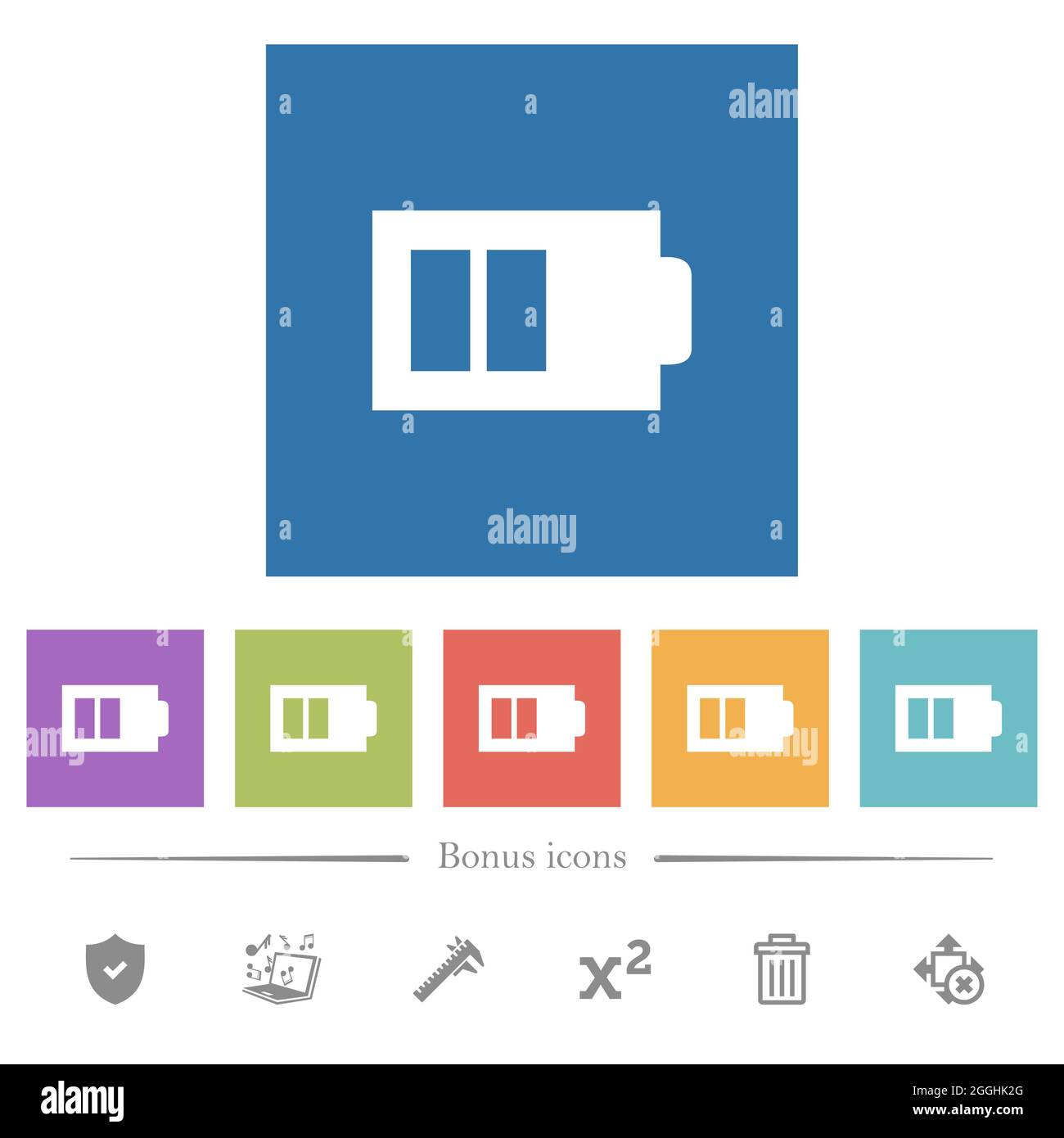 La moitié de la batterie avec deux unités de charge alternent les icônes blanches plates sur fond carré. 6 icônes bonus incluses. Illustration de Vecteur