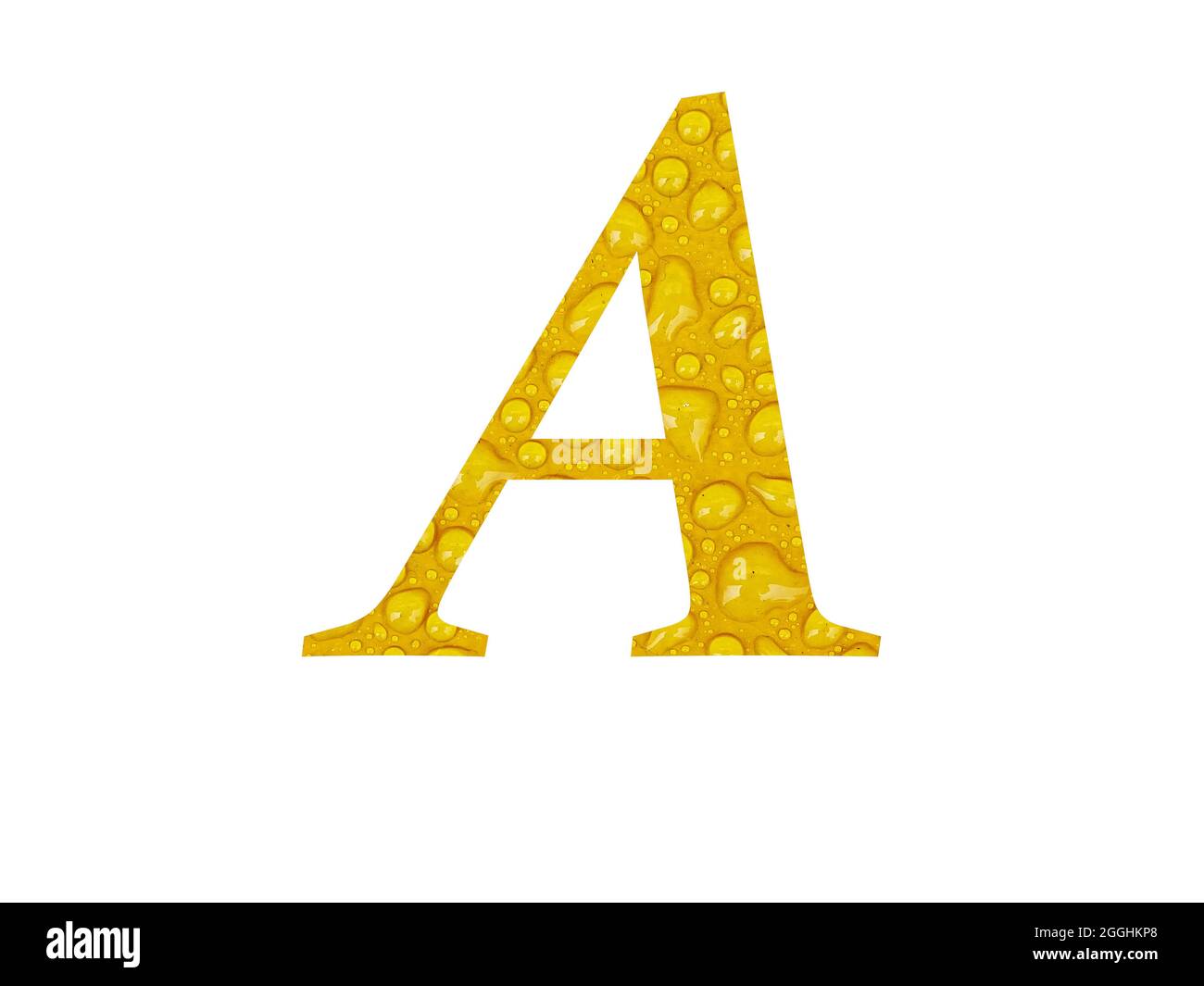 Lettre A de l'alphabet faite de gouttes de pluie sur fond jaune, isolée sur fond blanc Banque D'Images
