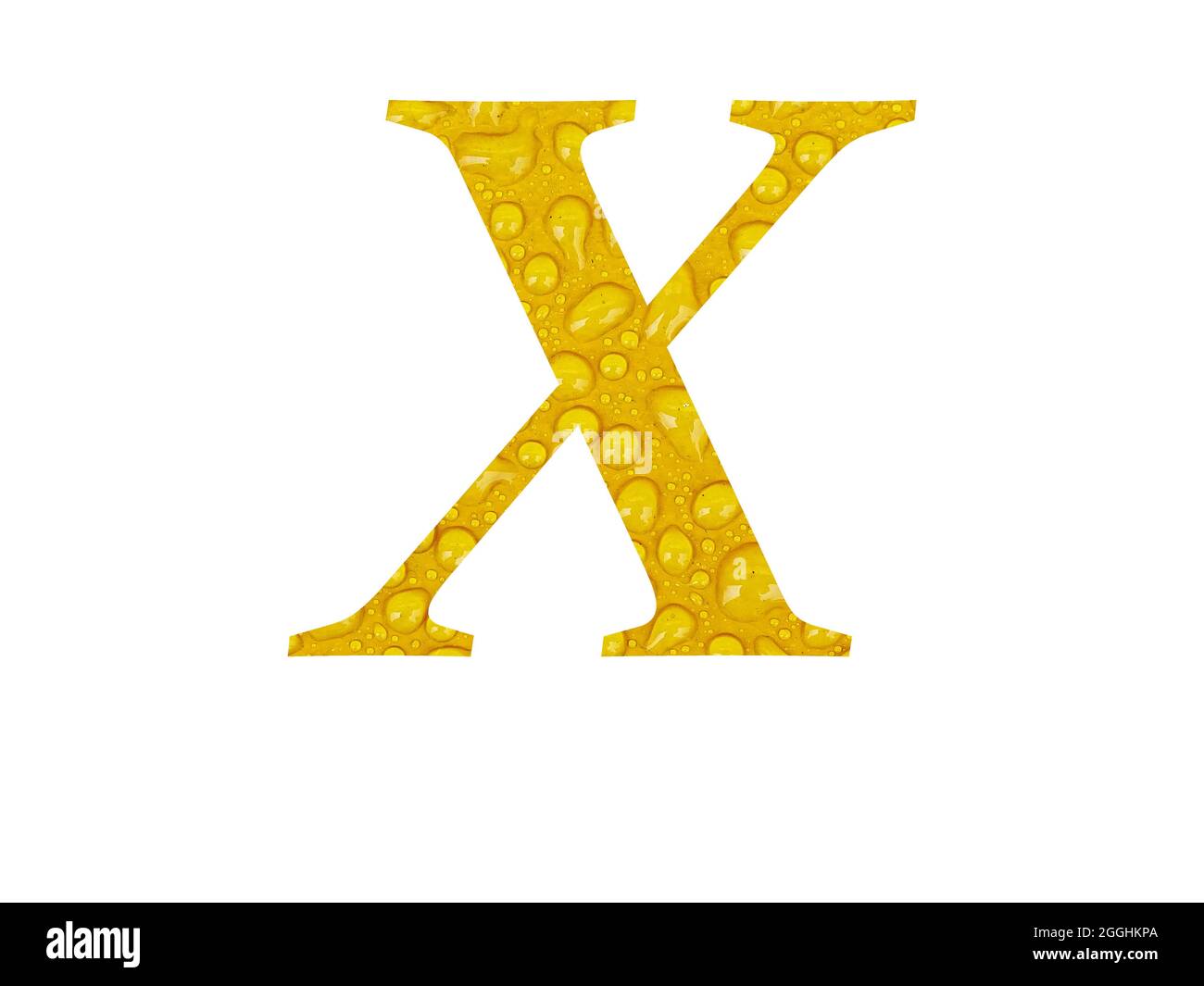 Lettre X de l'alphabet faite de gouttes de pluie sur fond jaune, isolée sur fond blanc Banque D'Images
