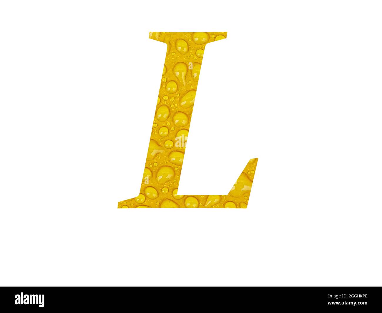 Lettre L de l'alphabet faite de gouttes de pluie sur fond jaune, isolée sur fond blanc Banque D'Images