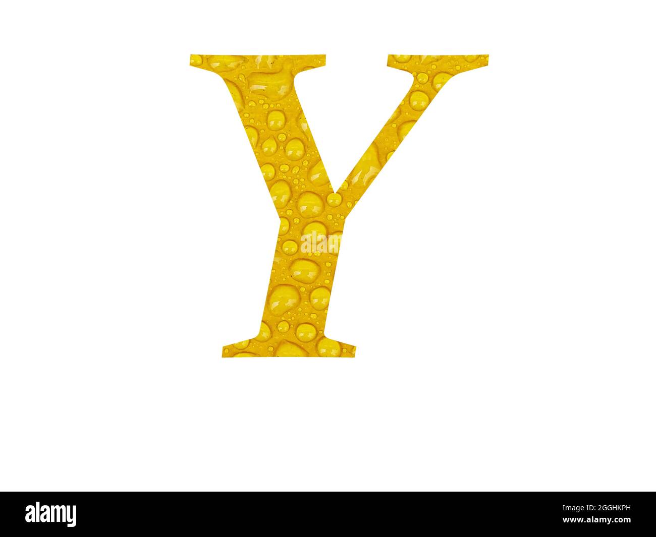 Lettre y de l'alphabet faite de gouttes de pluie sur fond jaune, isolée sur fond blanc Banque D'Images