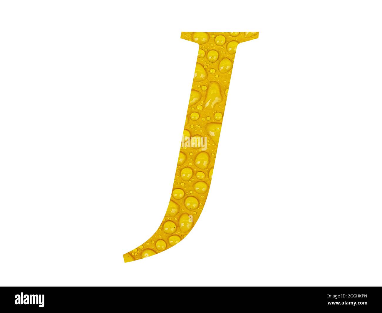 Lettre J de l'alphabet faite de gouttes de pluie sur fond jaune, isolée sur fond blanc Banque D'Images