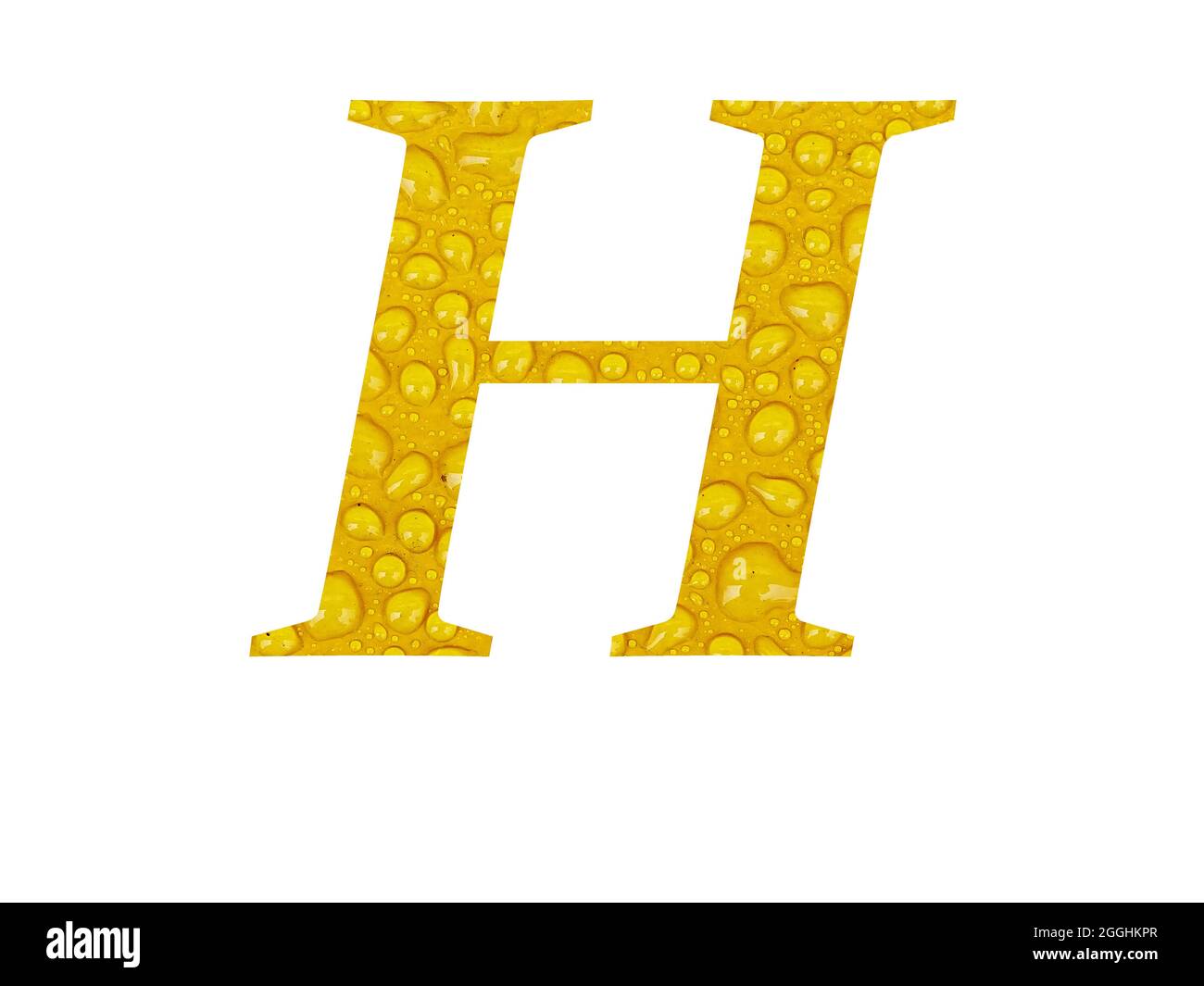 Lettre H de l'alphabet faite de gouttes de pluie sur fond jaune, isolée sur fond blanc Banque D'Images