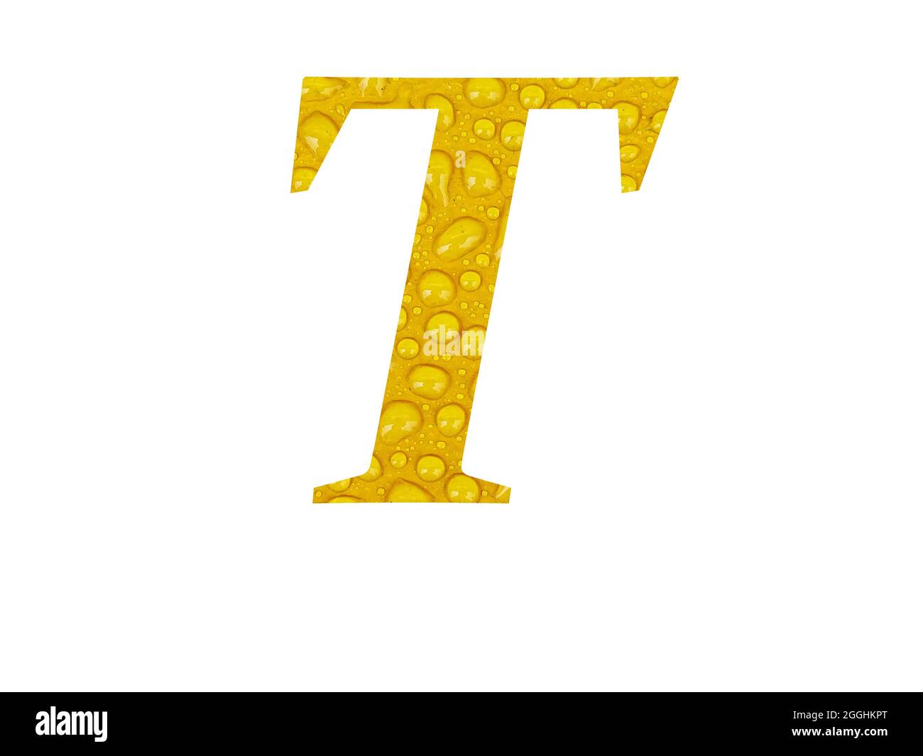 Lettre T de l'alphabet faite de gouttes de pluie sur fond jaune, isolée sur fond blanc Banque D'Images