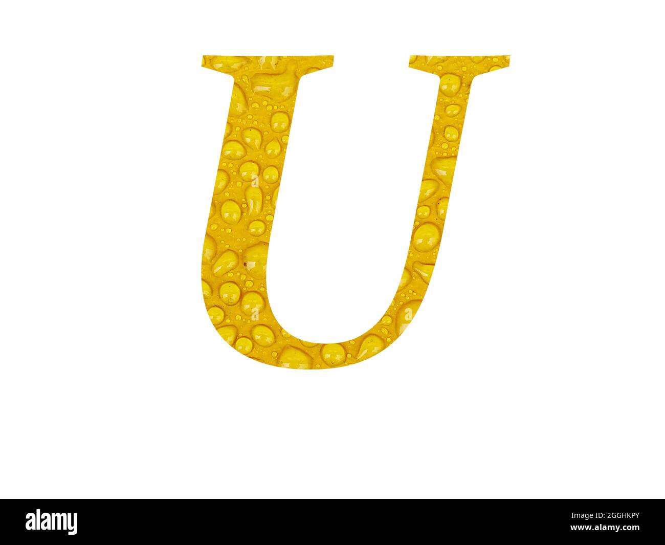 Lettre U de l'alphabet faite de gouttes de pluie sur fond jaune, isolée sur fond blanc Banque D'Images