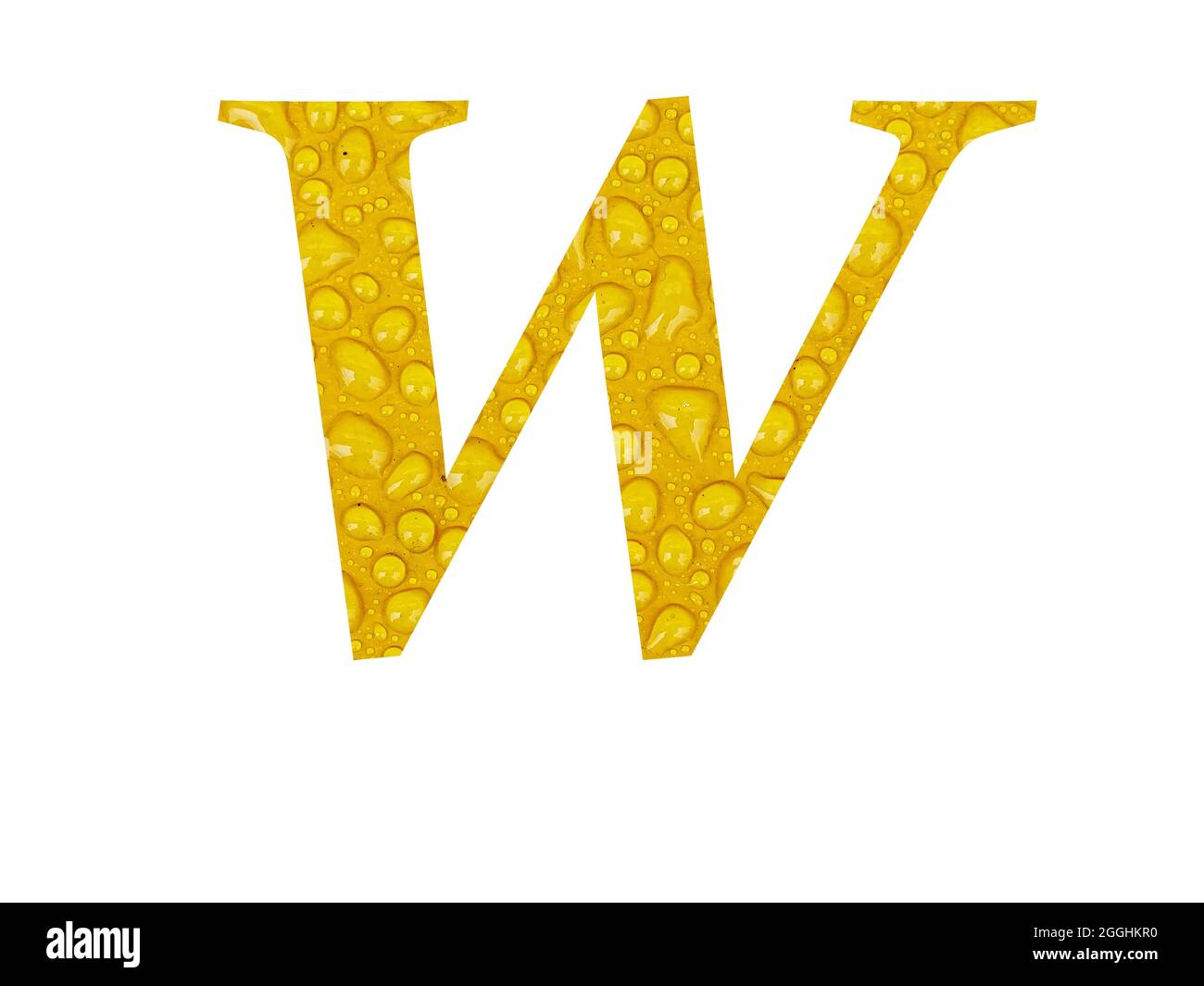 Lettre W de l'alphabet faite de gouttes de pluie sur fond jaune, isolée sur fond blanc Banque D'Images