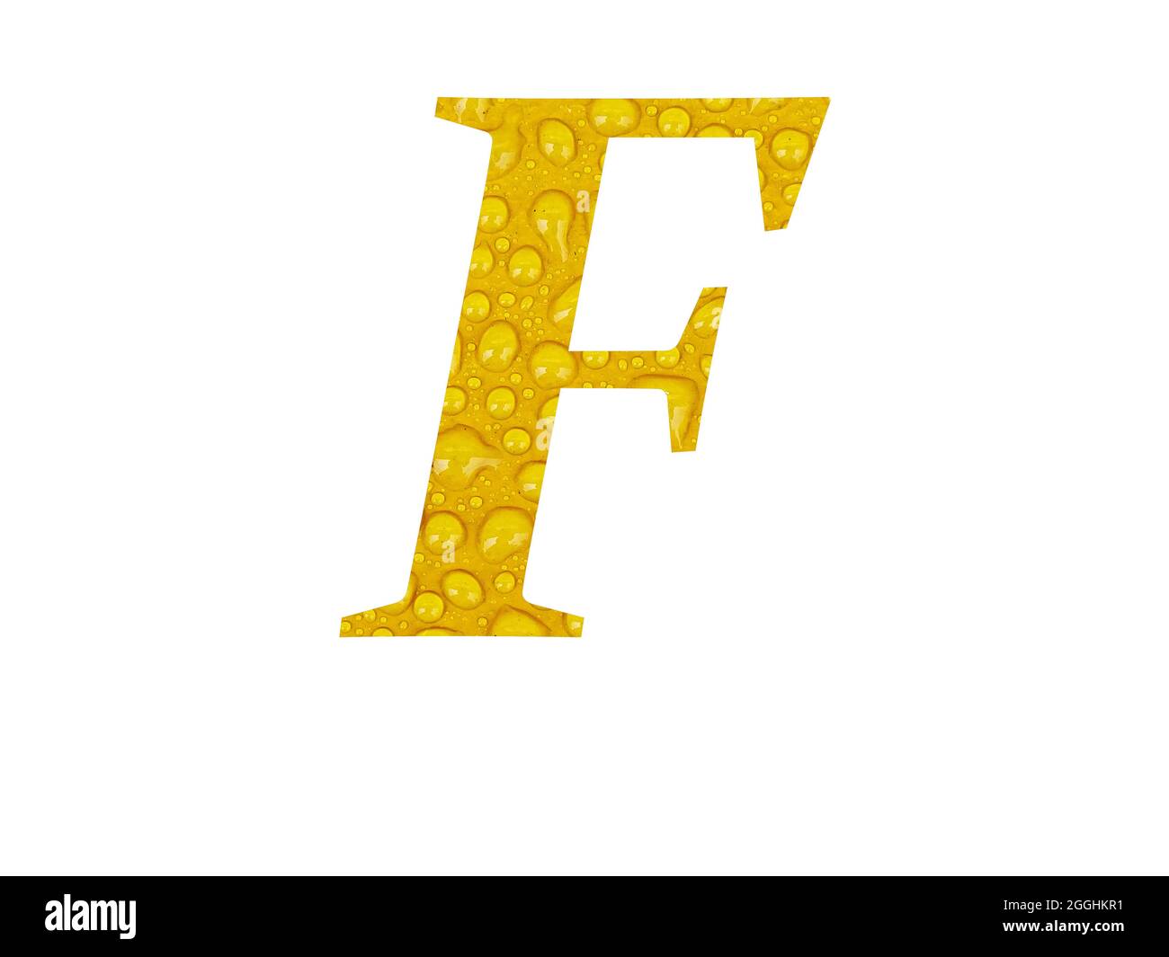 Lettre F de l'alphabet faite de gouttes de pluie sur fond jaune, isolée sur fond blanc Banque D'Images