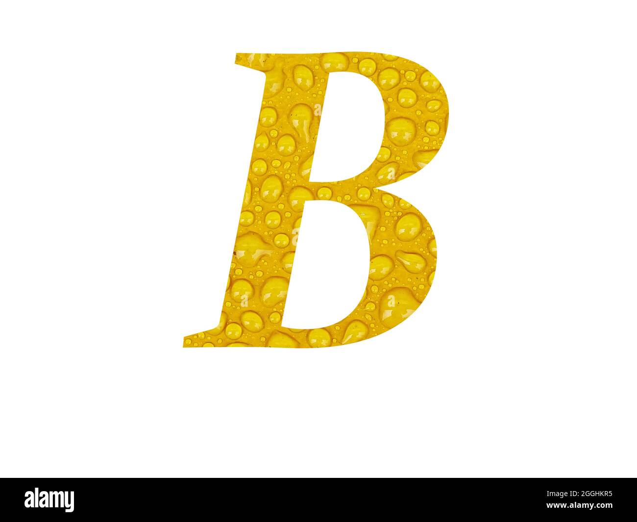 Lettre B de l'alphabet faite de gouttes de pluie sur fond jaune, isolée sur fond blanc Banque D'Images