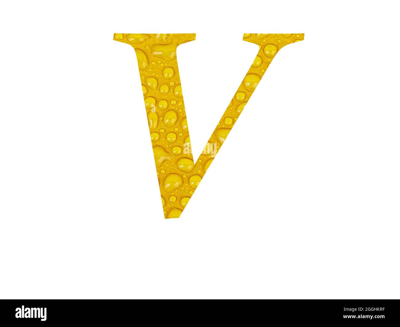 Lettre v de l'alphabet faite de gouttes de pluie sur fond jaune, isolée sur fond blanc Banque D'Images
