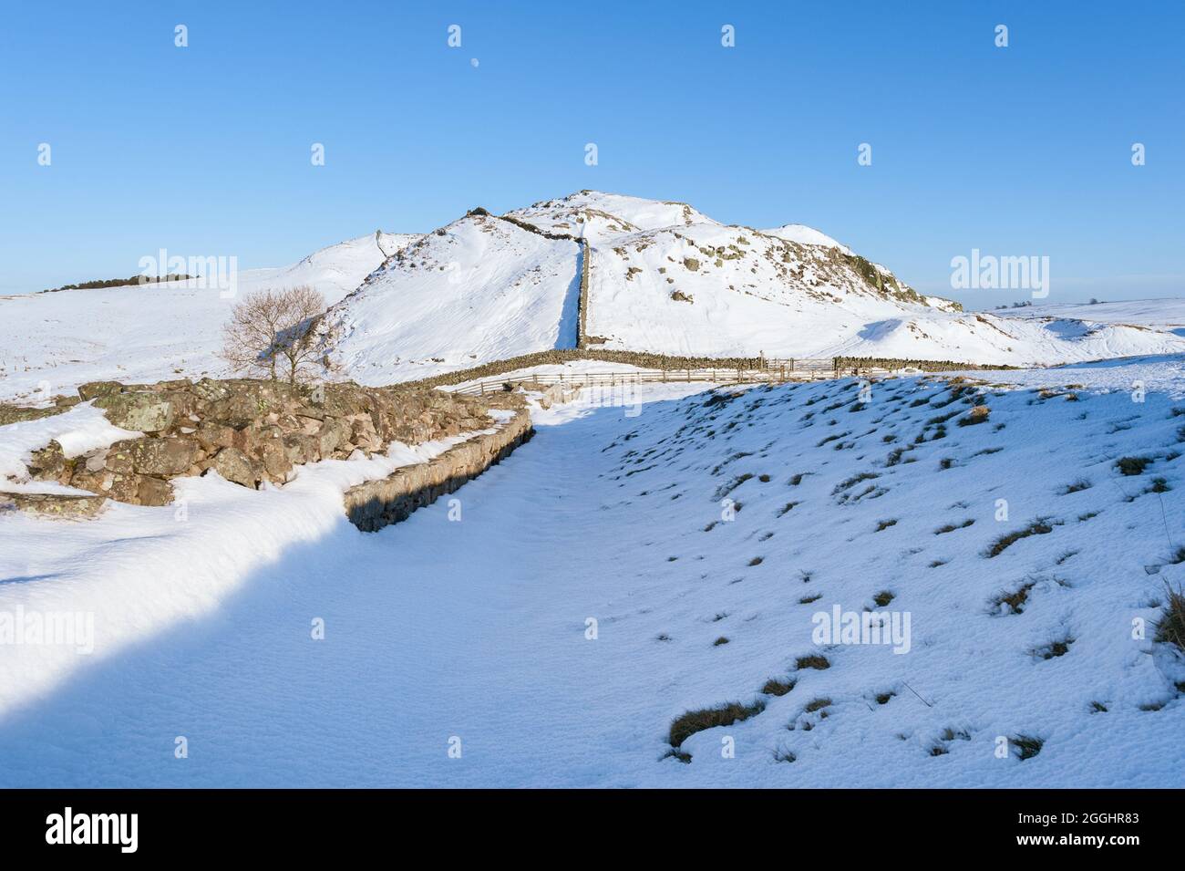 Nord de l'Angleterre, paysage du parc national de Northumberland, mur d'Hadrien dans la neige d'hiver sur une journée ensoleillée avec un ciel bleu clair Banque D'Images