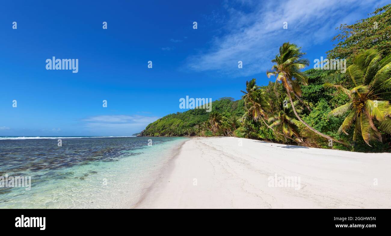 Belle grande plage de sable dans une île tropicale dans l'océan Banque D'Images