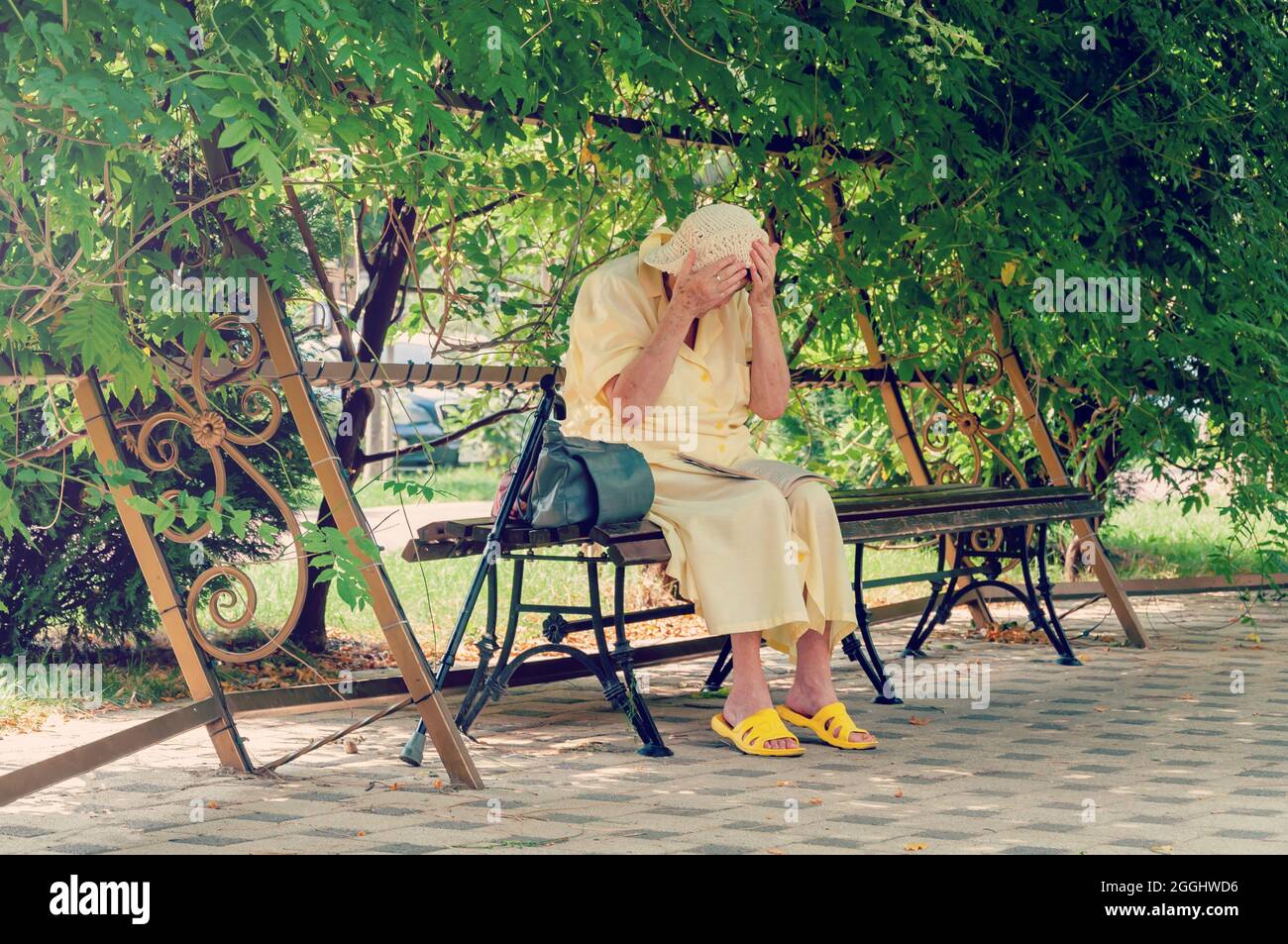 Femme âgée assise sur le banc du parc, lisant un journal. Femme solitaire âgée assise sur un banc dans un parc d'été Banque D'Images