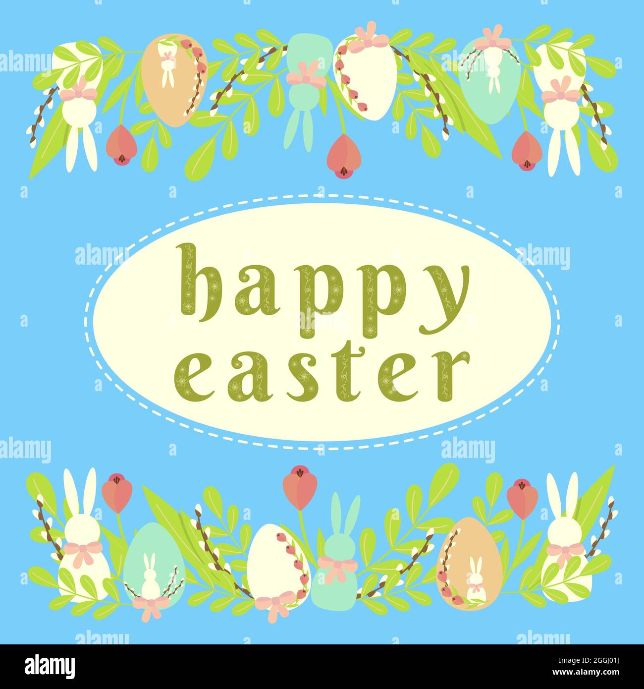 Carte de Pâques festive avec inscription, ornée de gribouillages, d'œufs, de lapins, sur fond bleu Illustration de Vecteur