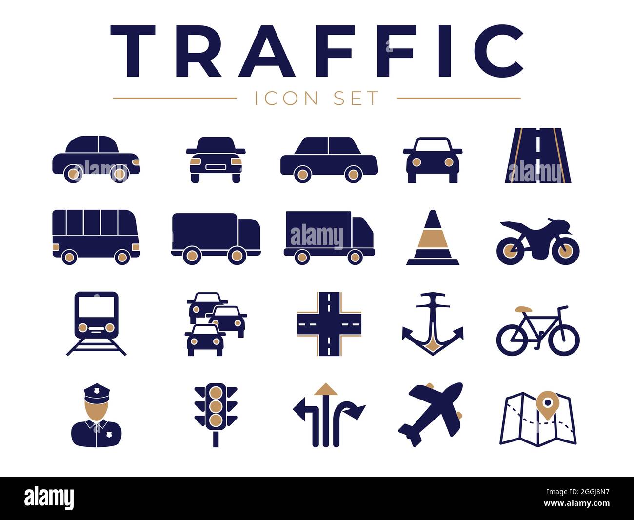 Icône de trafic définie avec voiture, camion, route, moto, vélo, Train, avion, policier, Marine, bus, Carte, icônes de lumières Illustration de Vecteur