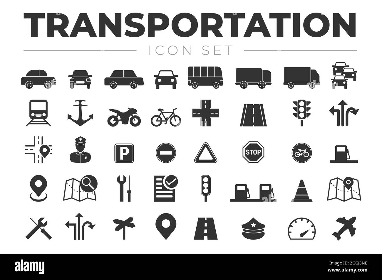 Ensemble d'icônes de transport avec véhicules, feux de circulation, voiture, camion, route, Moto, vélo, train, avion, panneaux, Station-service, policier, marine, Illustration de Vecteur