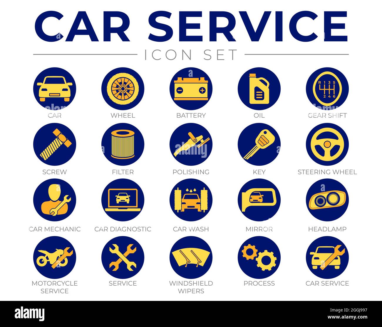 Jeu d'icônes rondes d'entretien de voiture jaune bleu avec batterie, huile, levier de vitesses, filtre, polissage, Clé, volant, diagnostic, lavage, rétroviseur, IC. Phares Illustration de Vecteur