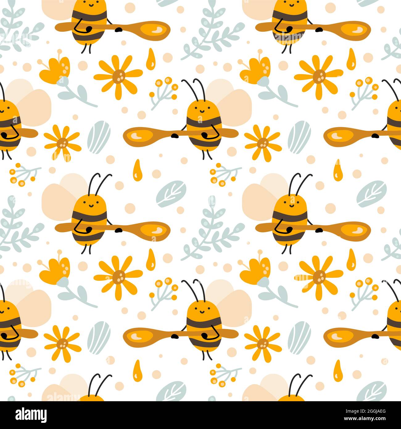 Motif enfant scandinave sans couture d'abeille mignonne avec cuillère à miel, fleur et hexagone dans le style de bébé vectoriel plat. Illustration pour fond de bannière Illustration de Vecteur