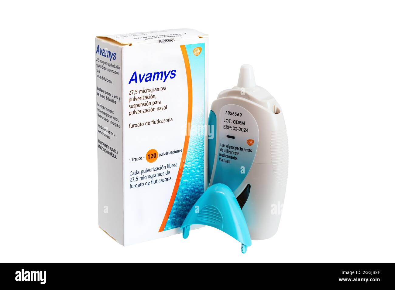 Huelva, Espagne - 28 août 2021 : boîte espagnole de furoate de fluticasone  de marque Avamys. Il s'agit d'un spray nasal stéroïdien pour les symptômes  du rhume causés par les allergi Photo