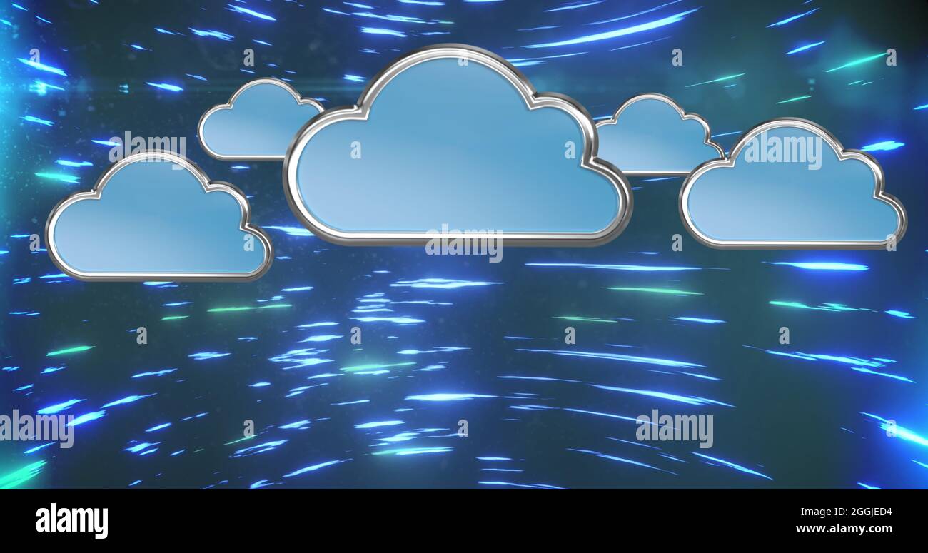 Plusieurs icônes de nuages contre des traces de lumière bleue Banque D'Images