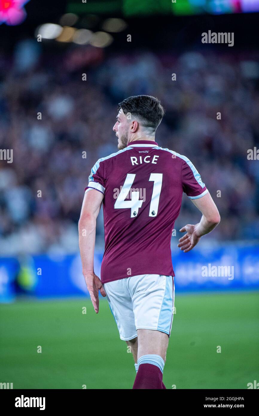 LONDRES, ANGLETERRE - AOÛT 23 : Declan Rice lors du match de la Premier League entre West Ham United et Leicester City au stade de Londres en août Banque D'Images