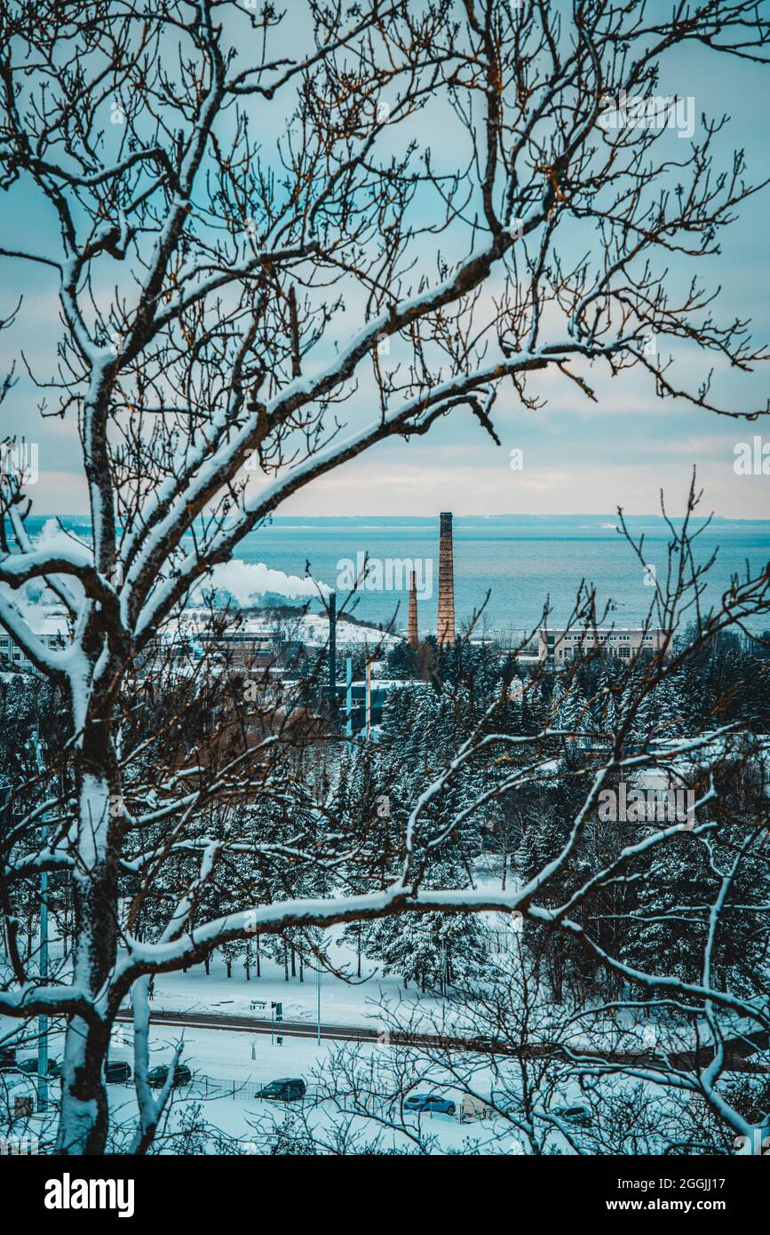 Une belle vue colorée depuis la côte à falaise (côte d'abrasion) sur la colonie de Haanneeme et une usine avec des cheminées imposantes pendant un coucher de soleil froid d'hiver Banque D'Images
