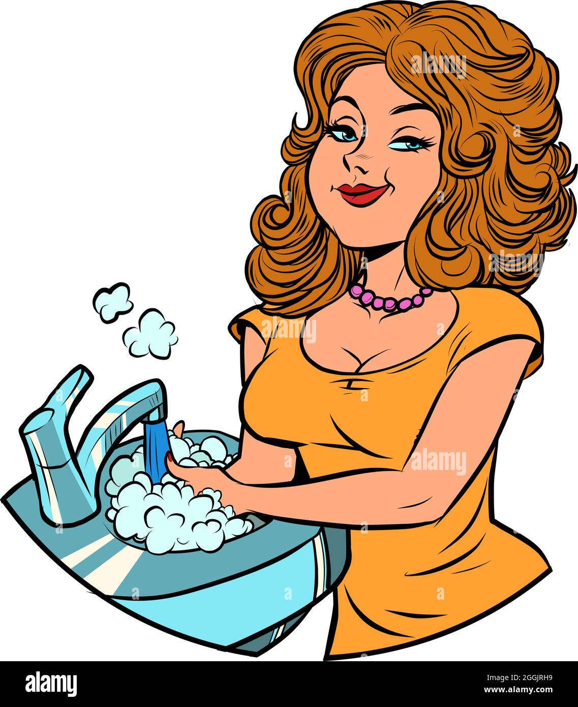 belle jeune femme lave vaisselle, devoirs dans la cuisine Illustration de Vecteur
