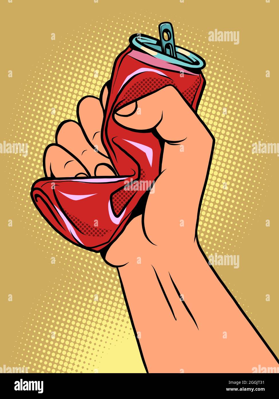 une main écrase une boîte, le sujet de l'écologie et du recyclage des déchets. Contenant de la boisson Illustration de Vecteur