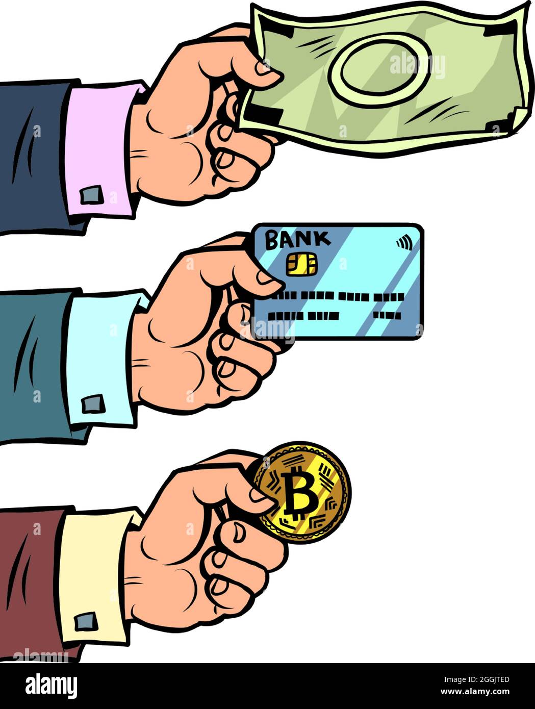 options de paiement, nous acceptons les espèces, les cartes bancaires et la crypto-monnaie Illustration de Vecteur