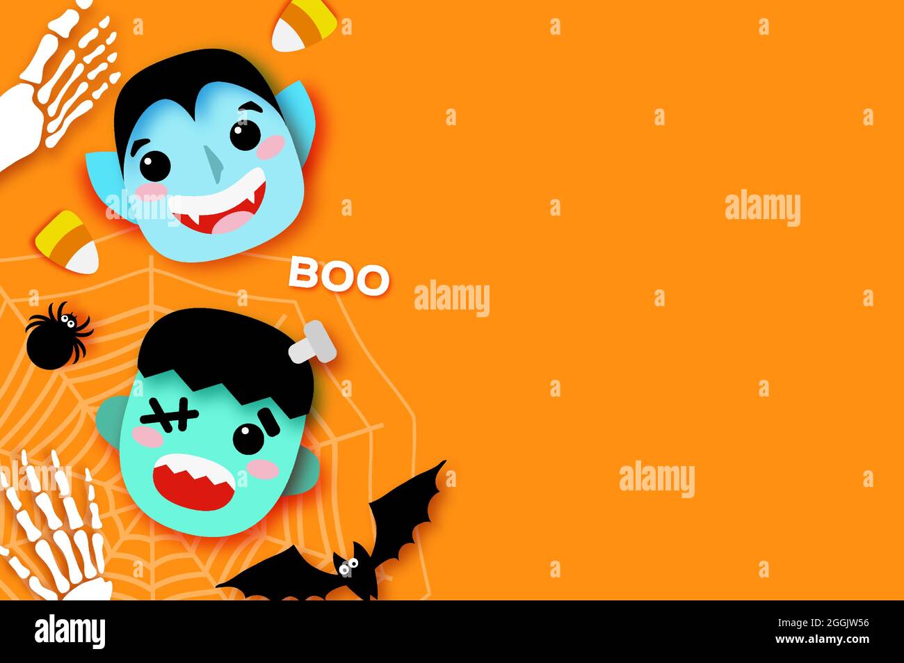 Joyeux Halloween. Monstres. Dracula et Frankenstein. Vampire drôle et effrayant. Trick or Treat. Chauve-souris, araignée, toile, os. Espace pour texte Orange Vector Illustration de Vecteur