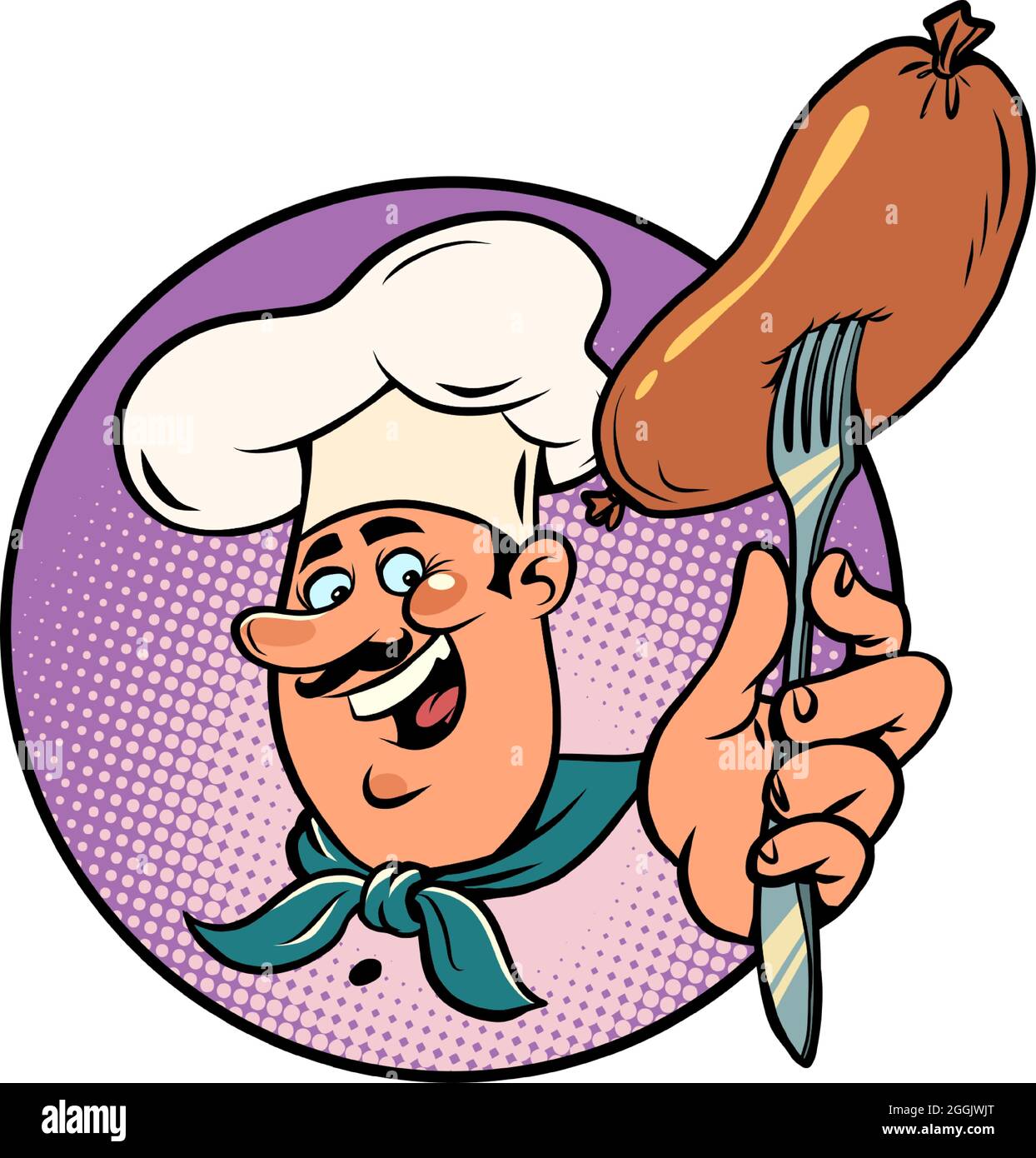 la saucisse est bouillie ou frite, le cuisinier joyeux a préparé la nourriture. Pique-nique ou restaurant Illustration de Vecteur