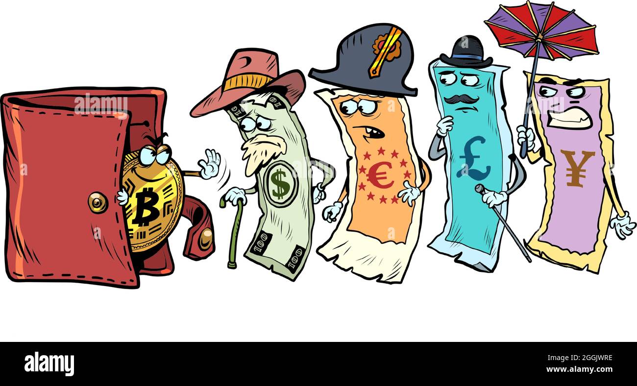 Le Bitcoin ne permet pas à l'argent comptant dans le portefeuille la monnaie de différents pays Illustration de Vecteur
