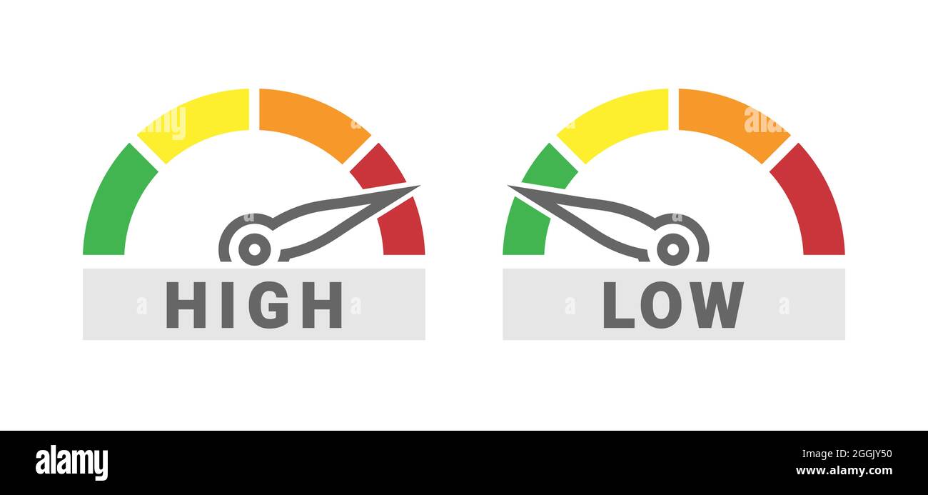 Échelle de jauge basse et haute mesurer l'icône du compteur de vitesse du vecteur isolé vert au rouge Illustration de Vecteur