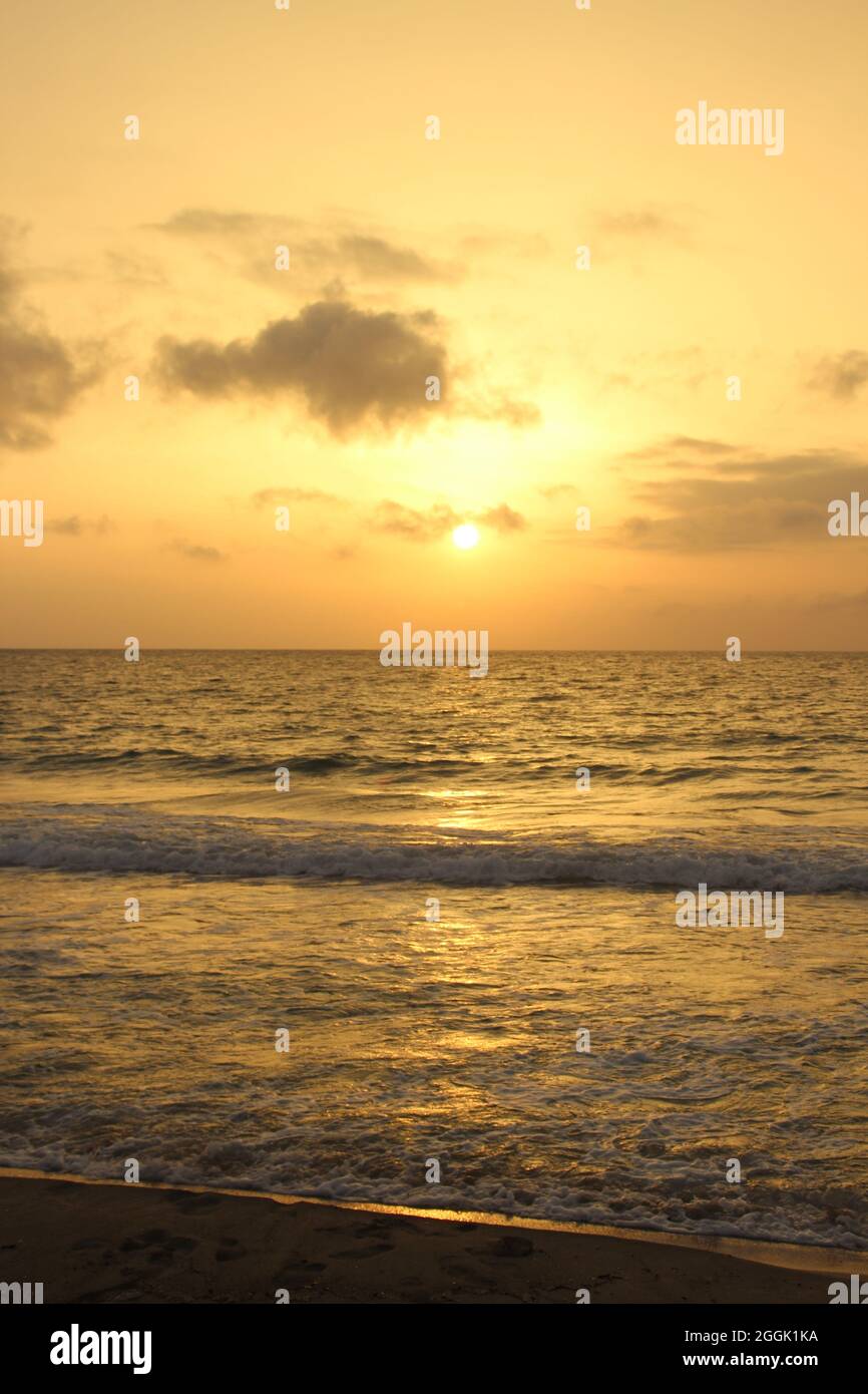 Plage, coucher de soleil, Espagne, Iles Baléares, Majorque, Cala Millor Banque D'Images