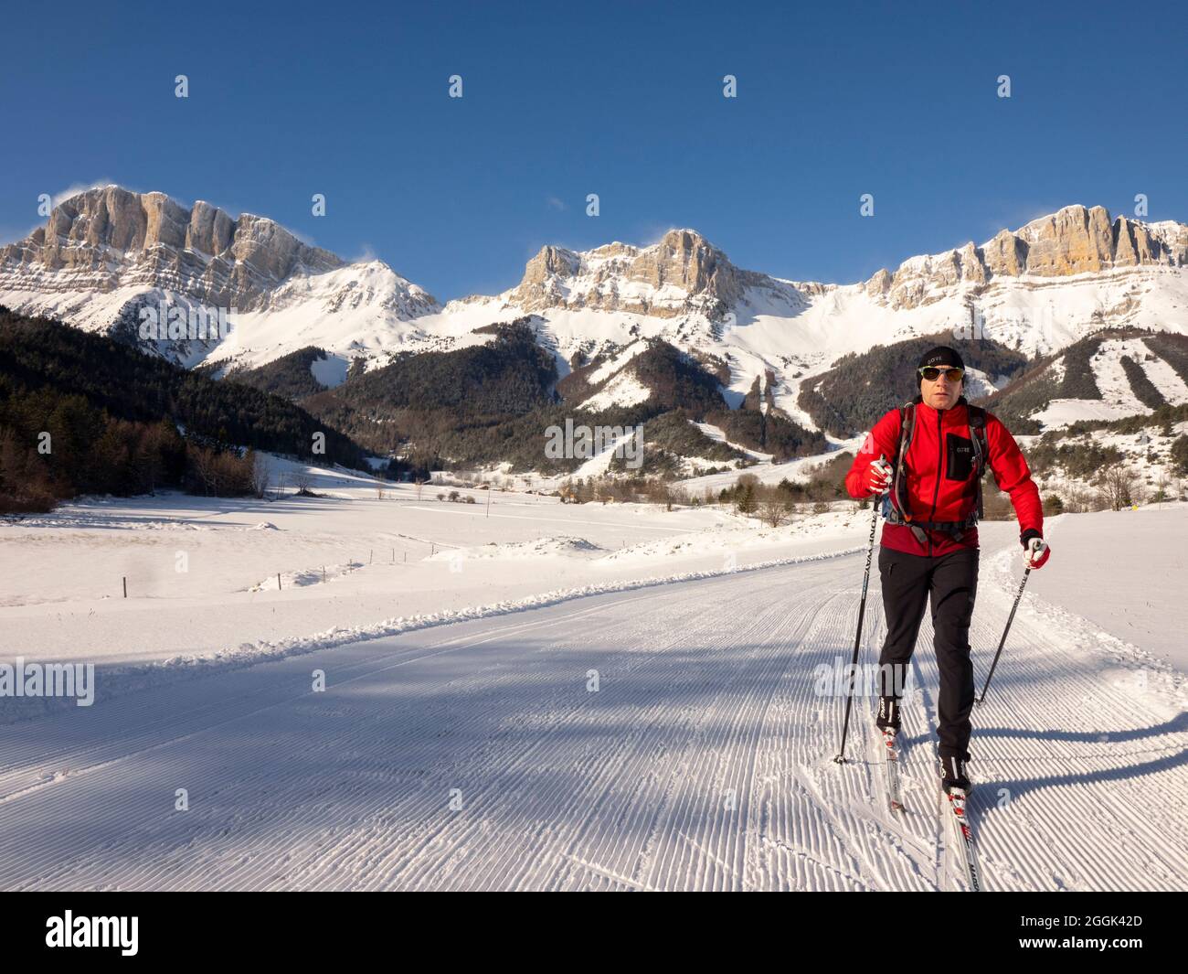 Ski de fond sur la piste de ski de fond de Gresse-en-Vercors. En  arrière-plan le Grand Veymont. Auvergne Rhône-Alpes Photo Stock - Alamy