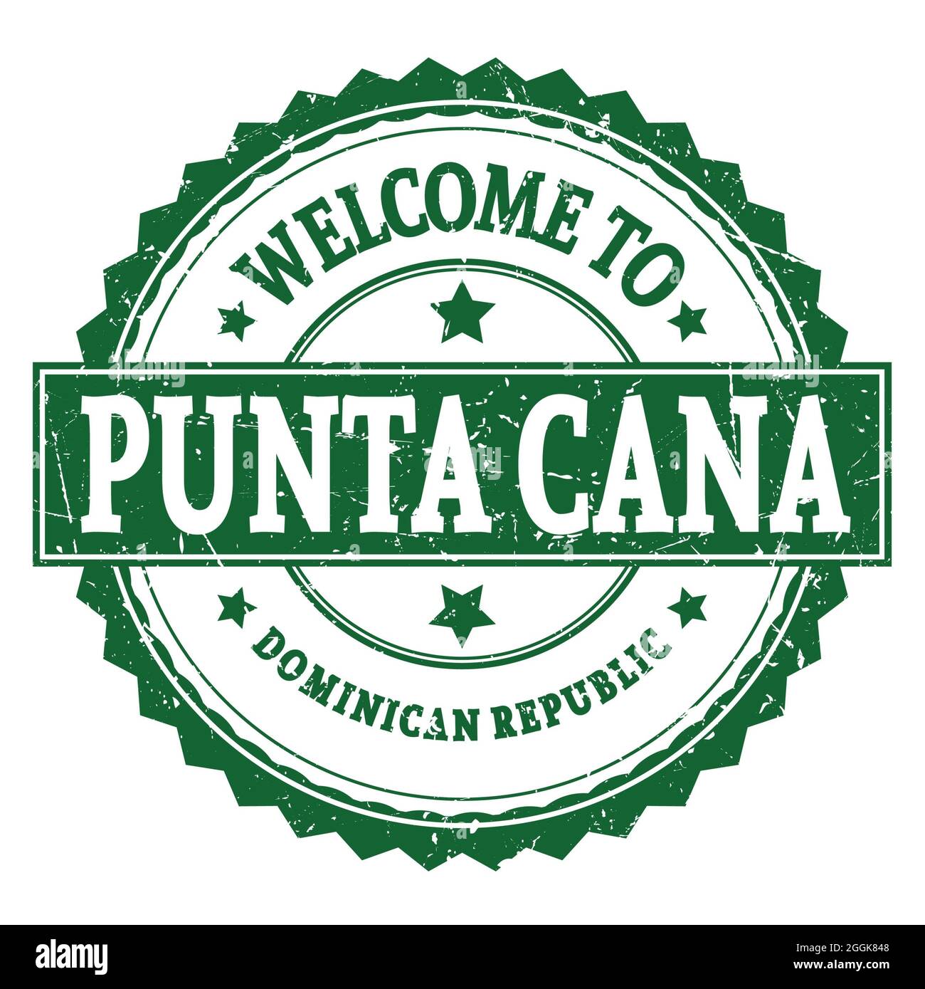 BIENVENUE À PUNTA CANA - RÉPUBLIQUE DOMINICAINE, mots écrits sur le timbre rond vert en zigzag Banque D'Images