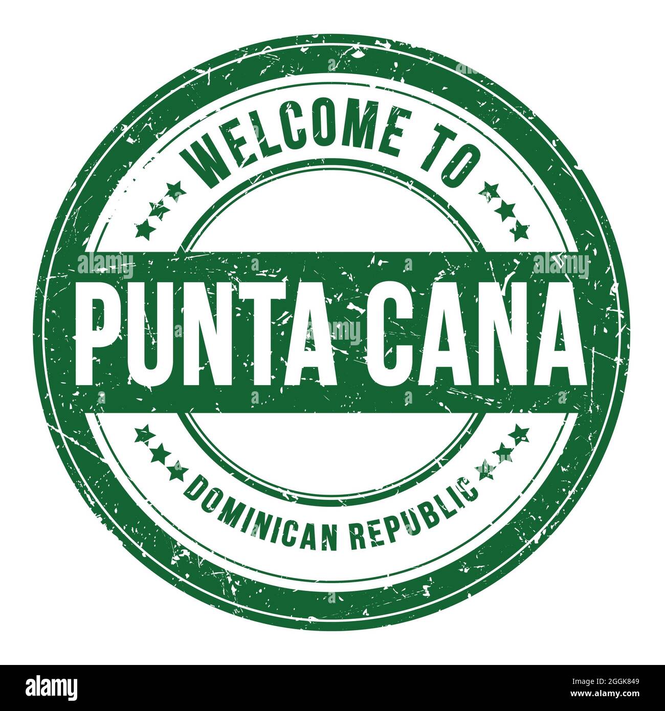 BIENVENUE À PUNTA CANA - RÉPUBLIQUE DOMINICAINE, mots écrits sur le timbre vert rond de pièce Banque D'Images