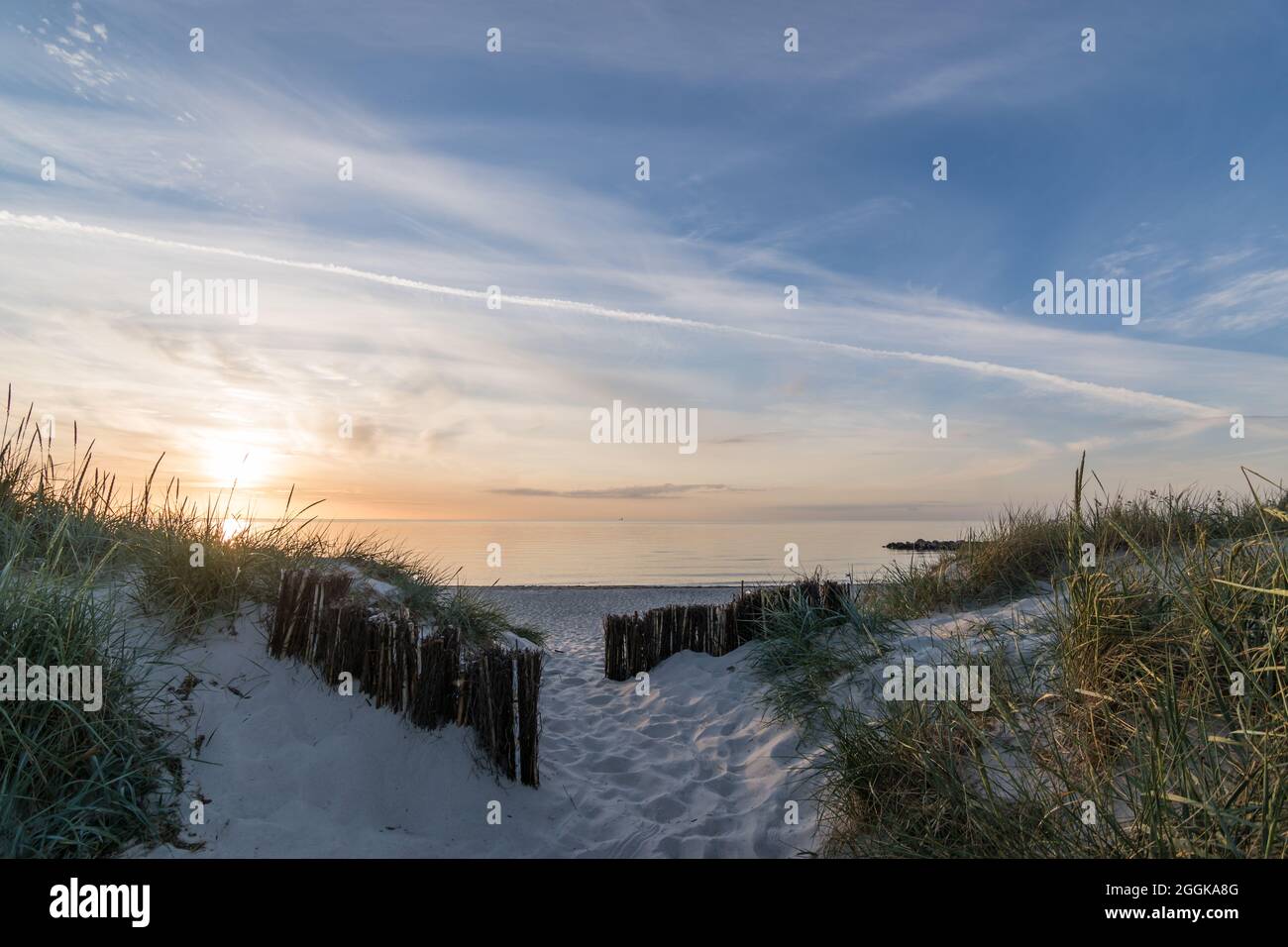 Plage Heidkate à la lumière du soleil du soir sur la mer Baltique, Wisch, Allemagne. Banque D'Images